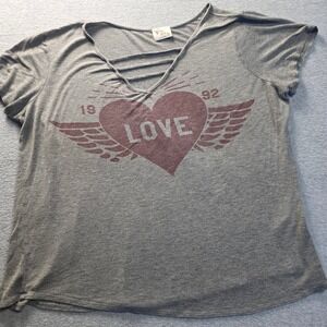 Graphic V Neck Tee Womens Gray Winged Heart Love Criss Cross Short Sleeve